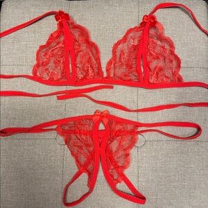 Red Lace Strappy Bralette & G-String Set - Elegant Women's Intimates